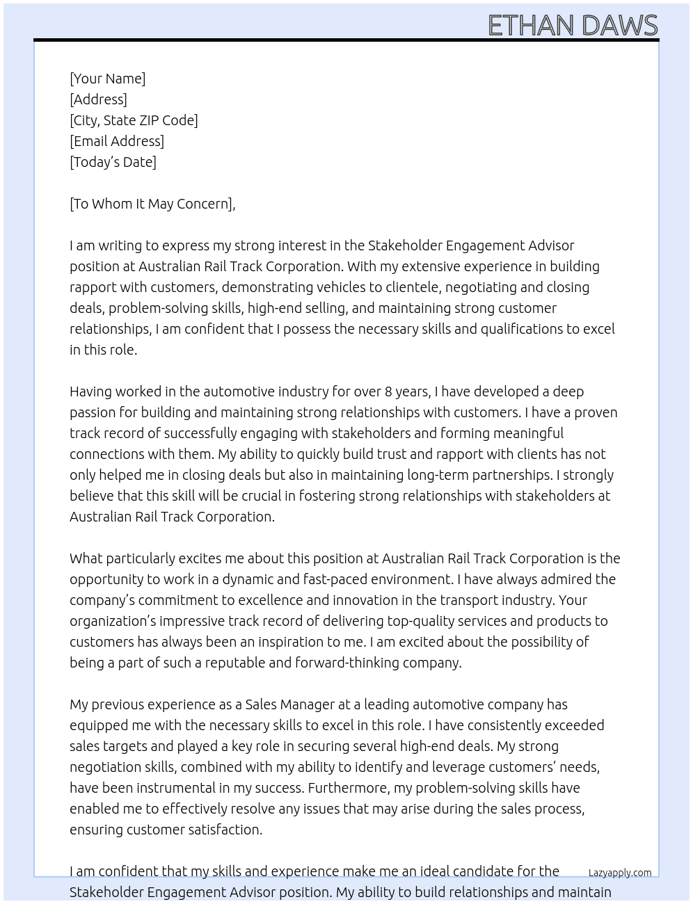 Stakeholder Engagement Advisor At Australian Rail Track Corporation Cover Letter