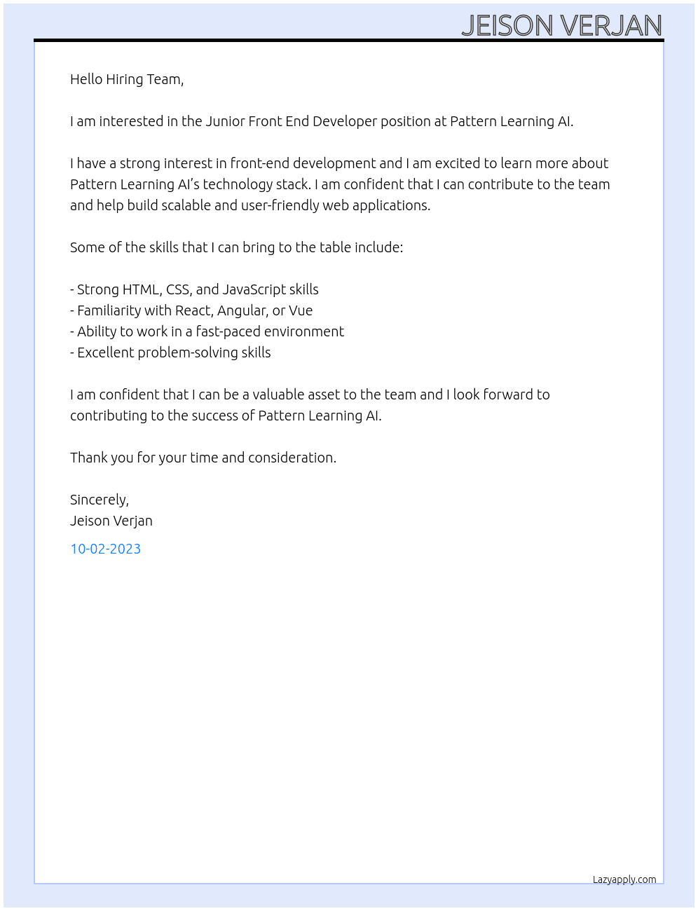 Junior Front End Developer At Pattern Learning AI Cover Letter