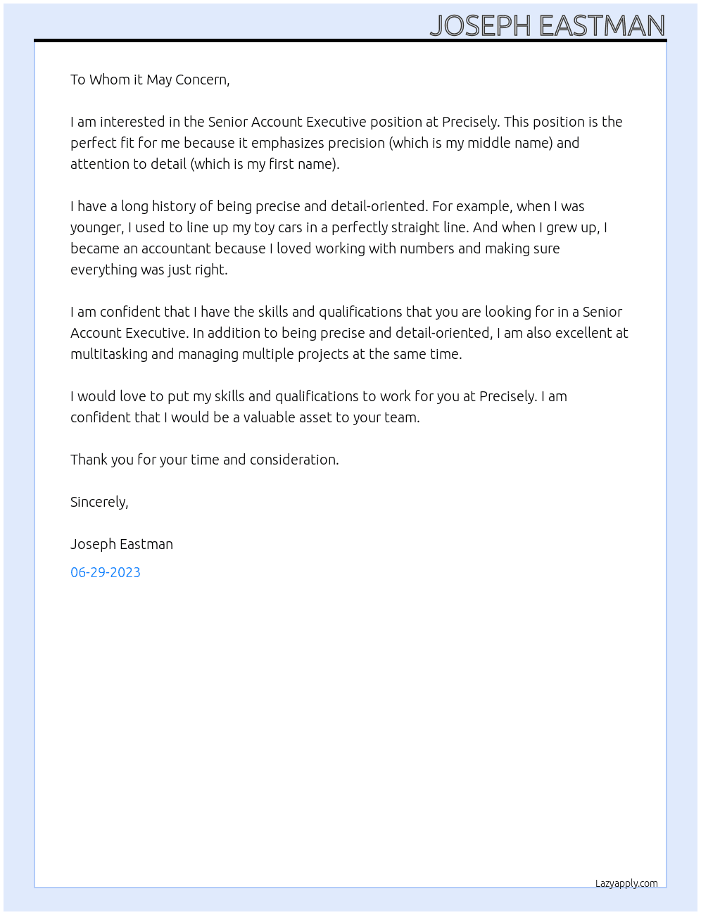 Senior Account Executive At Precisely Cover Letter