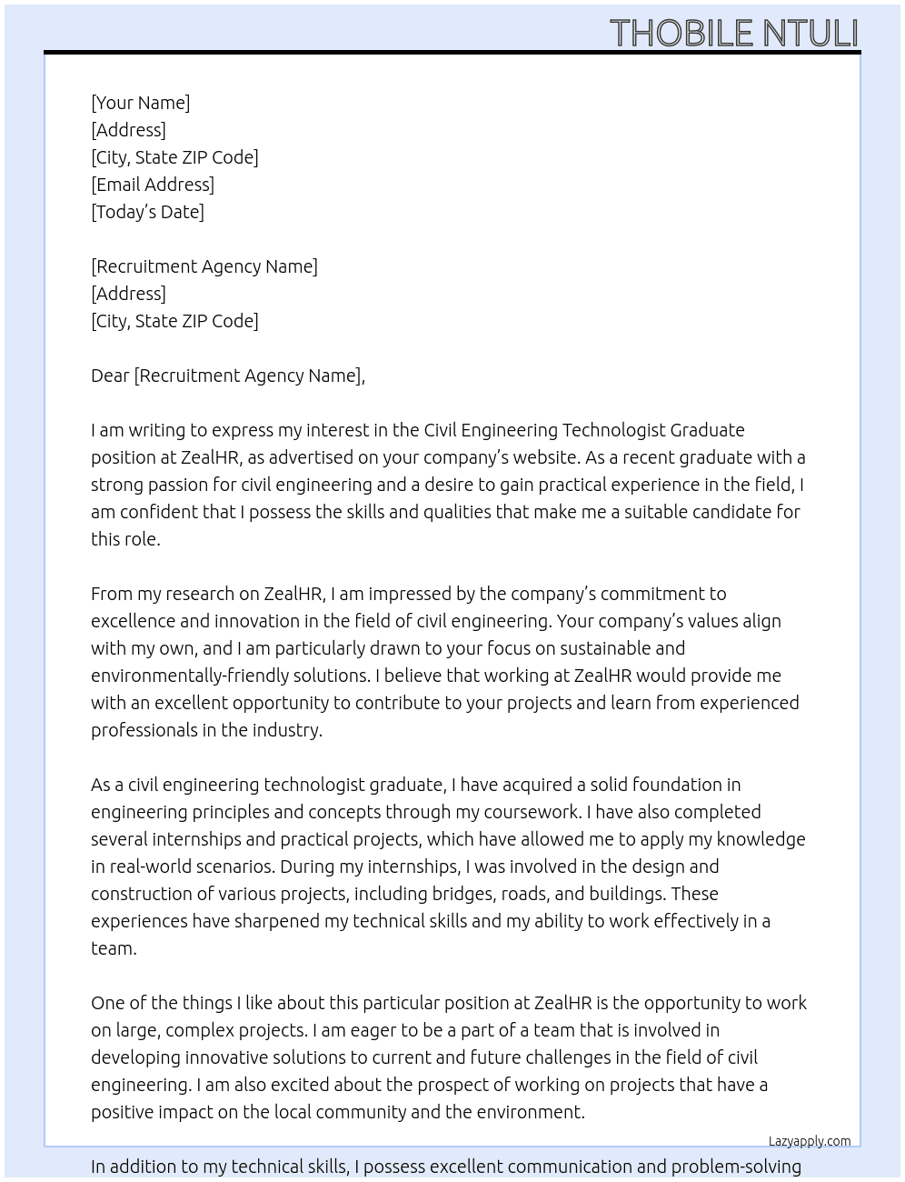 Civil engineering technologist graduate At ZealHR  Cover Letter