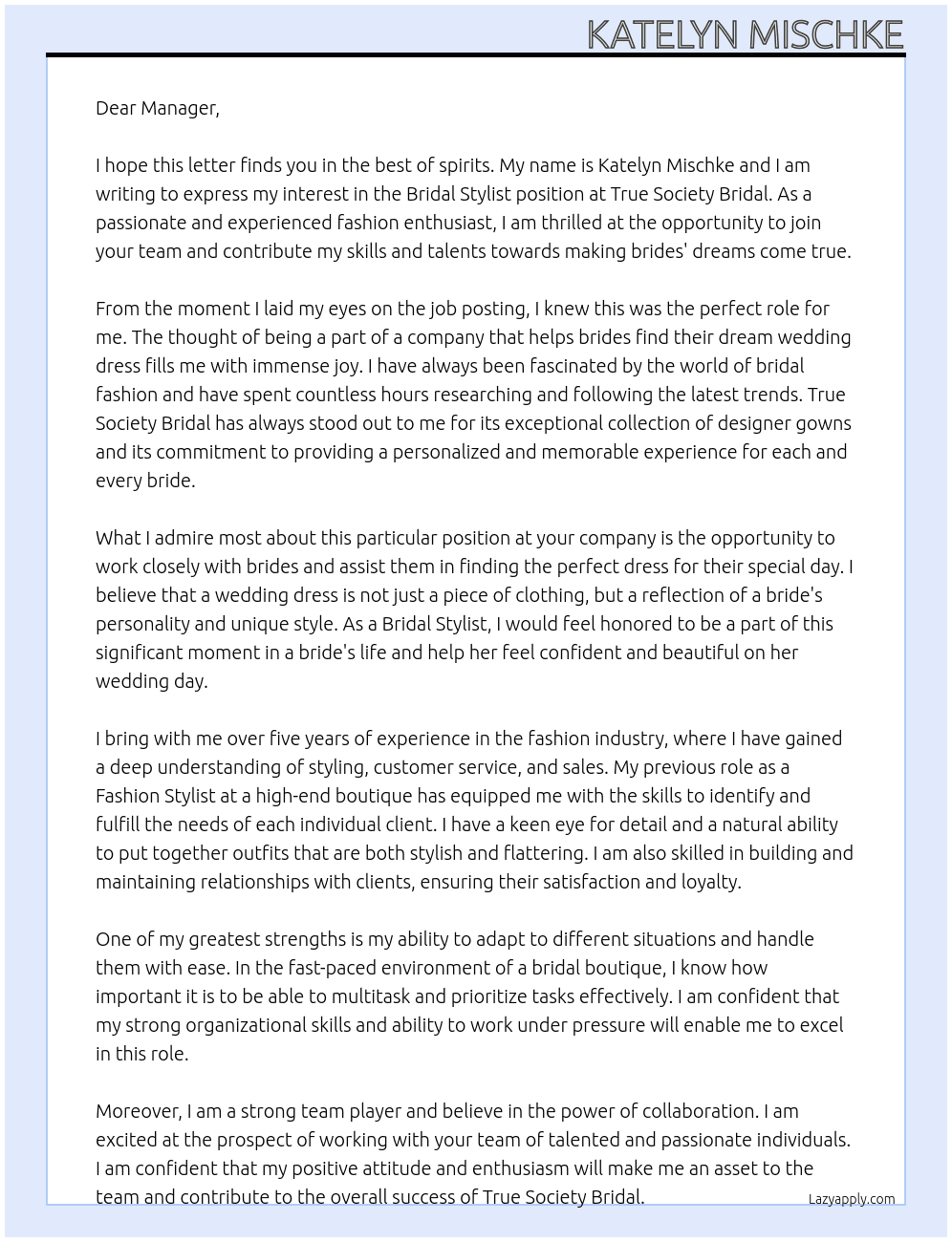 Bridal Stylist  At True Society Bridal  Cover Letter
