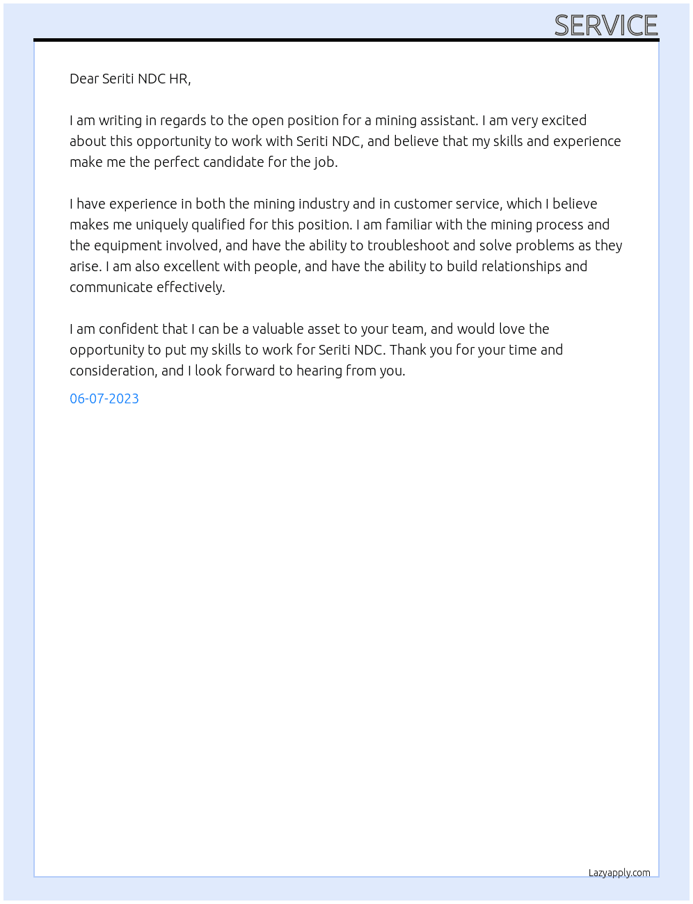 mining assistant At Seriti NDC Cover Letter