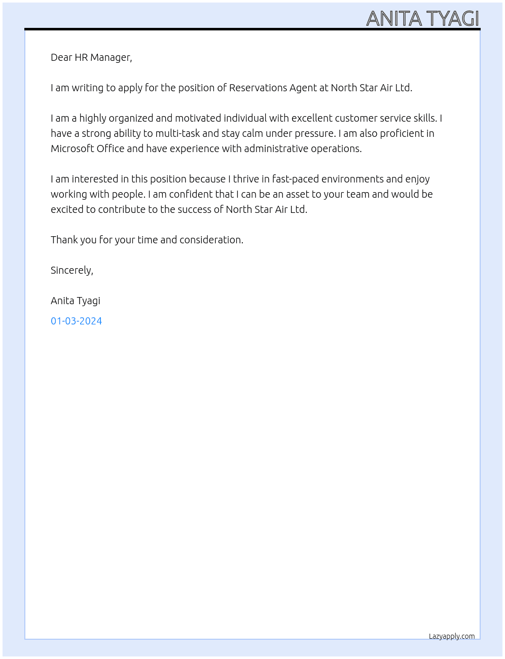 Reservations Agent At North Star Air Ltd. Cover Letter
