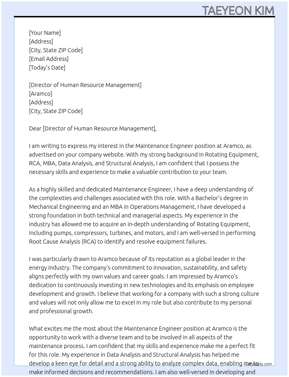 Maintenance Engineer At Aramco Cover Letter