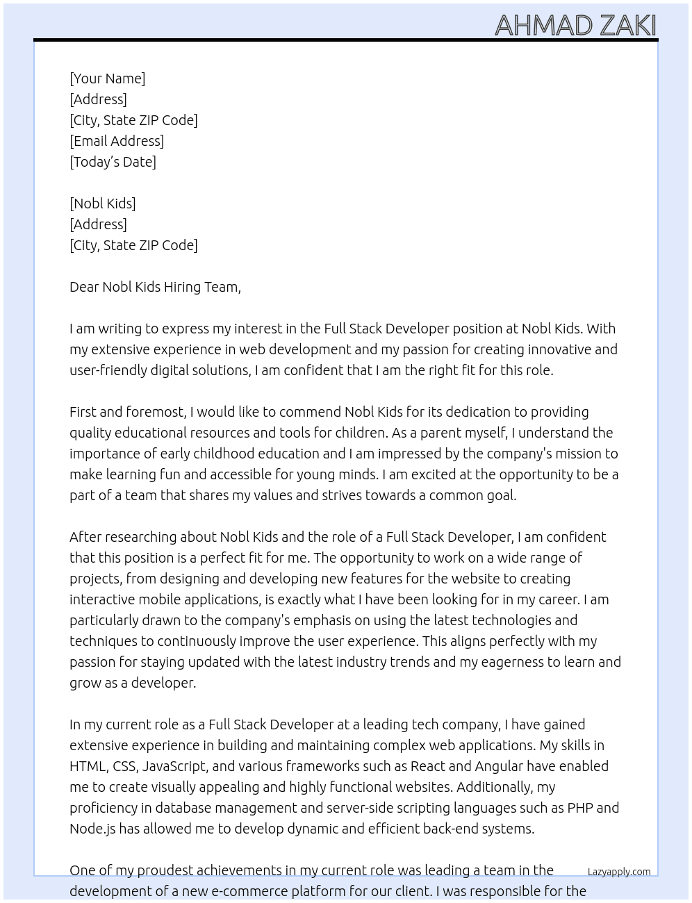 Full Stack Developer At Nobl Kids  Cover Letter