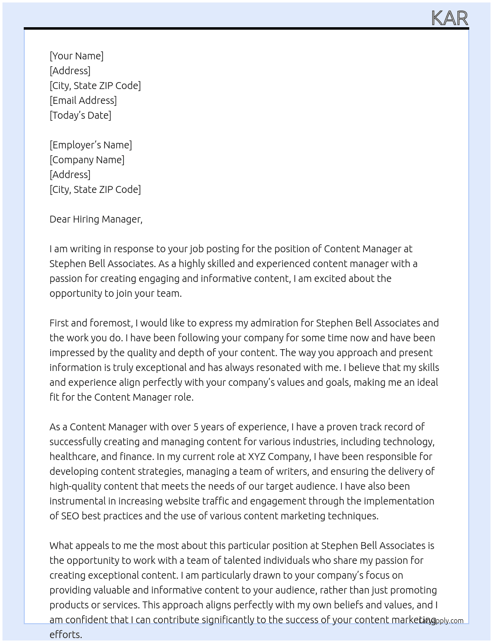 Content manager At Stephen Bell Associates Cover Letter