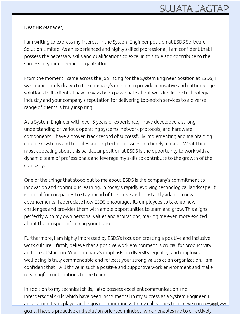 System Engineer At ESDS Software Solution Limited  Cover Letter