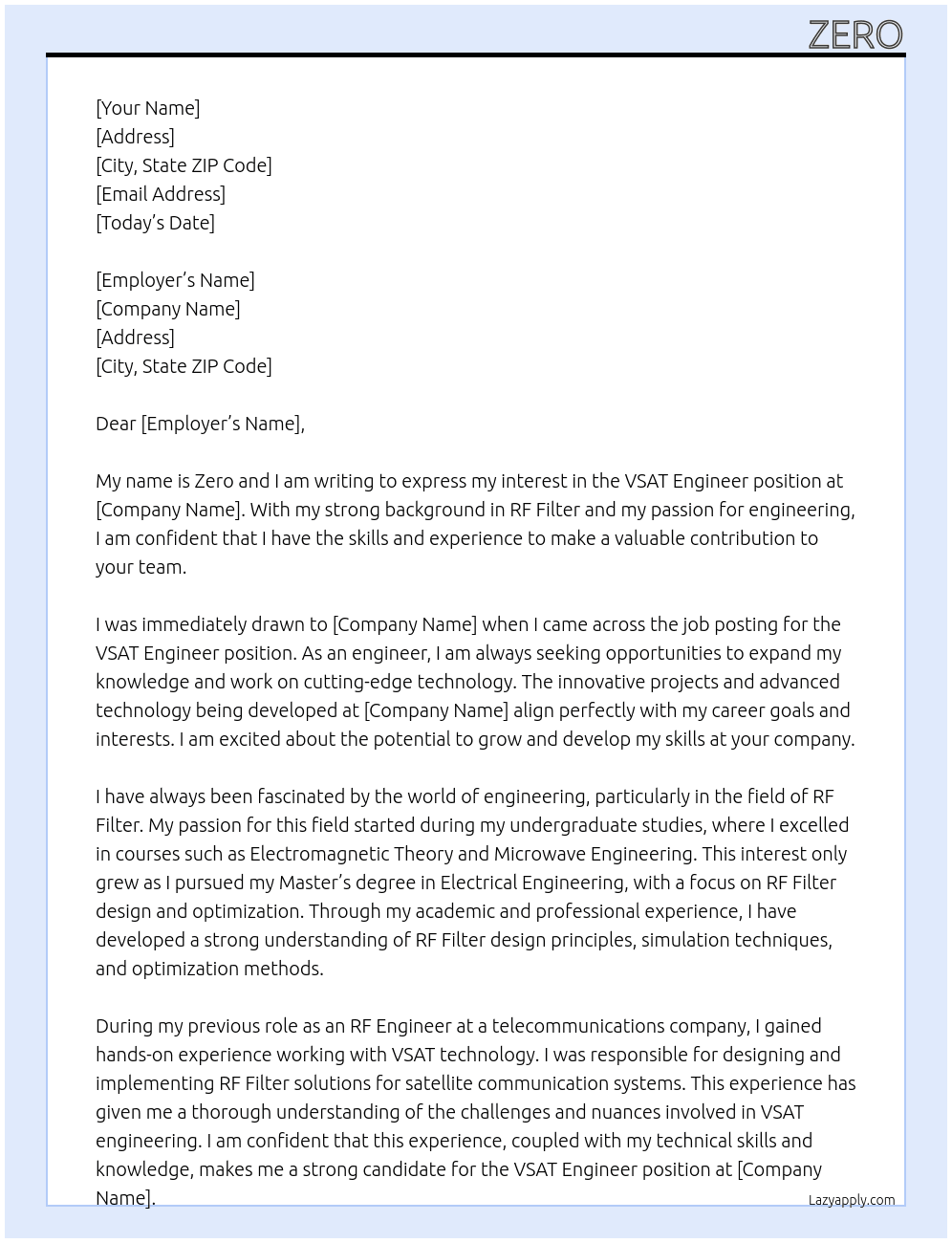 VSAT engineer At Zero Cover Letter