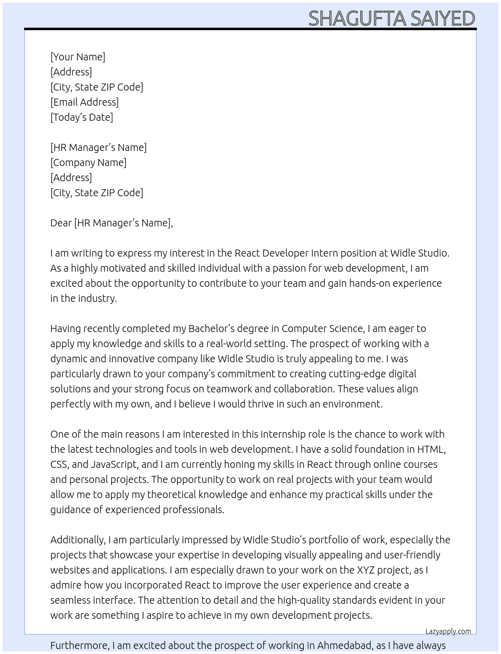 react developer intern At Widle Studio Cover Letter