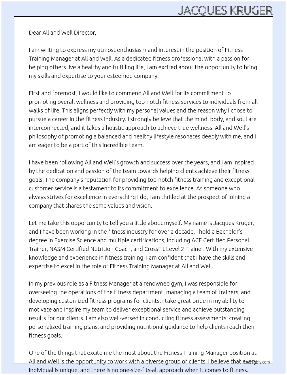 Fitness Training Manager At All And Well Cover Letter