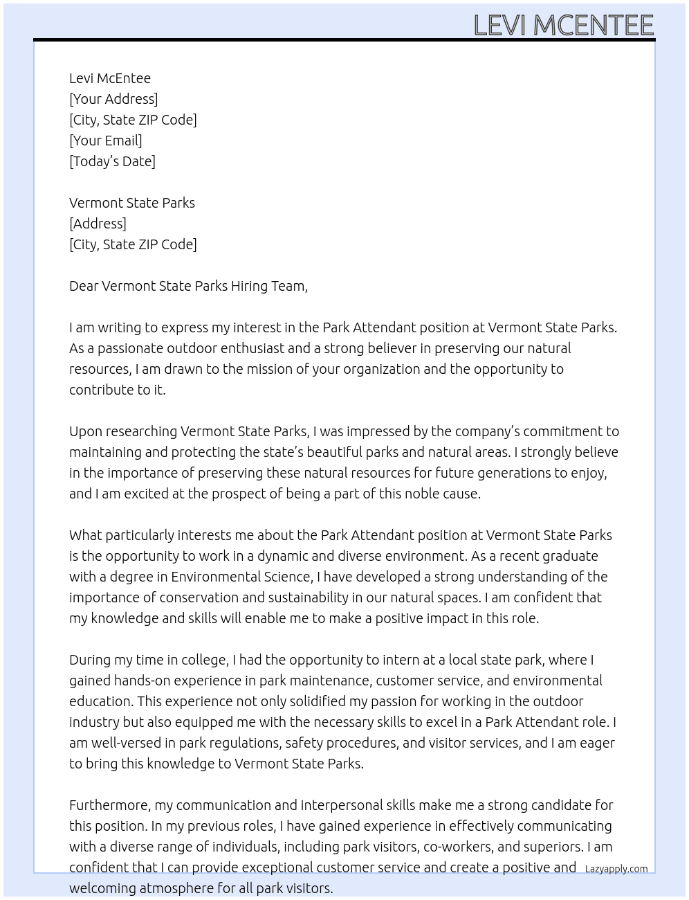 Park Attendant At Vermont State Parks Cover Letter