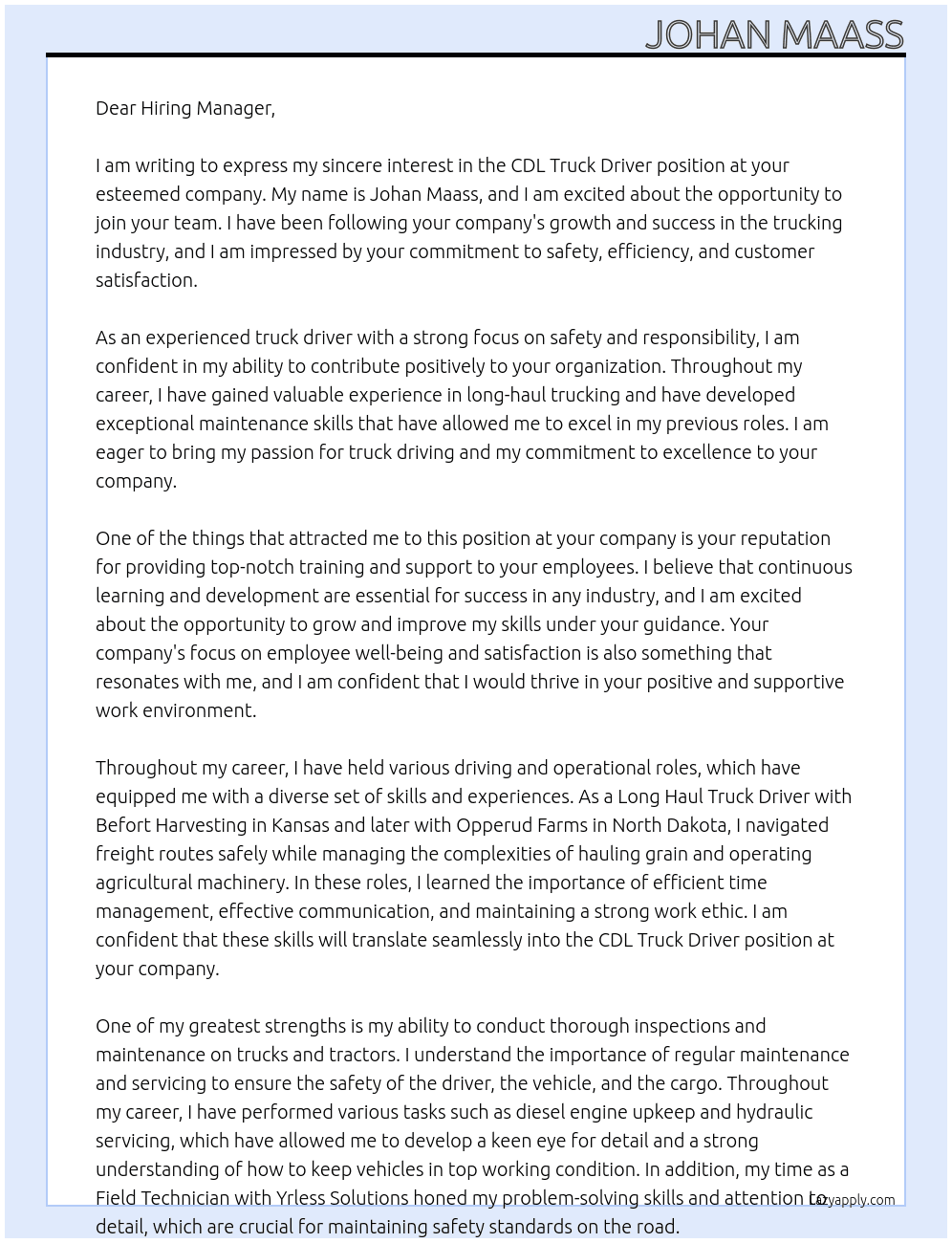Truck Driver At Unknown Cover Letter