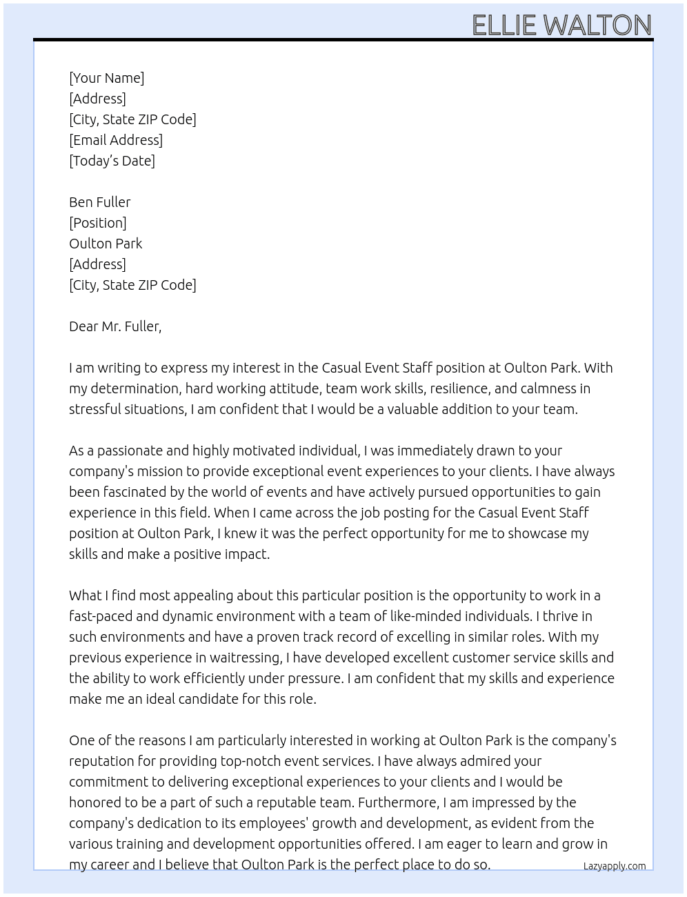 Casual event staff job At Oulton Park Cover Letter