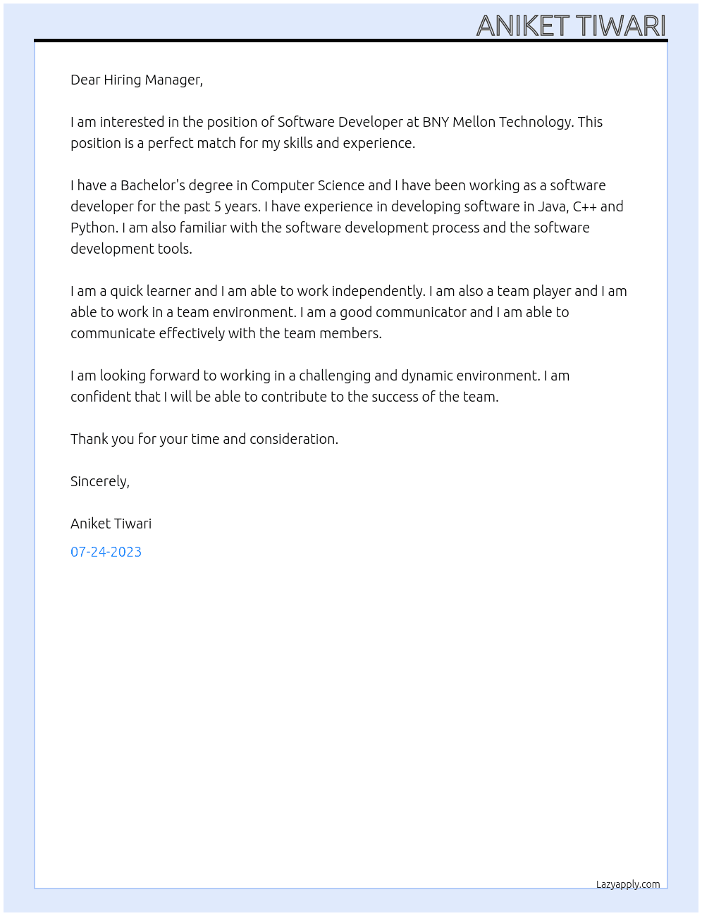Software Developer At BNY Mellon Technology Cover Letter