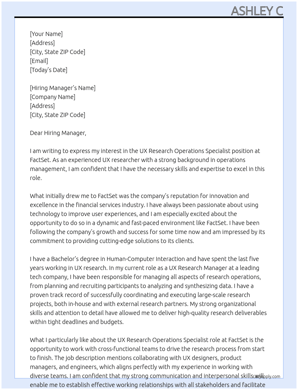 UX Research Operations Specialist At FactSet Cover Letter