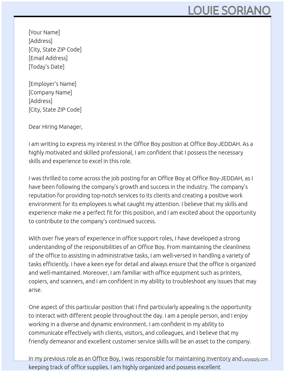 office boy At Office Boy-JEDDAH Cover Letter
