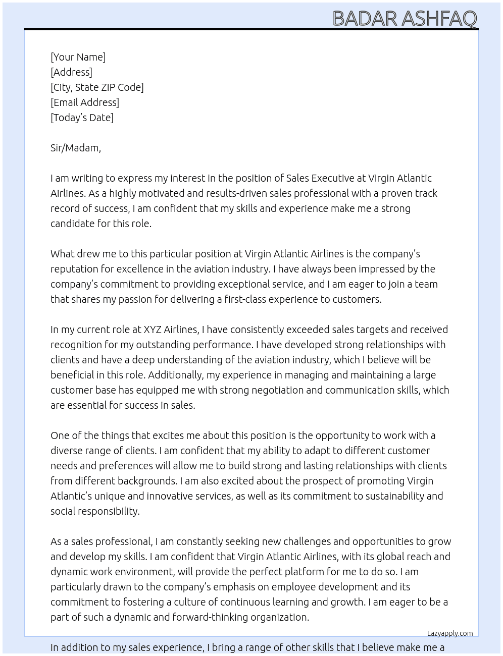 SALES EXCECUTIVE At Virgin Attlantic Airlines Cover Letter