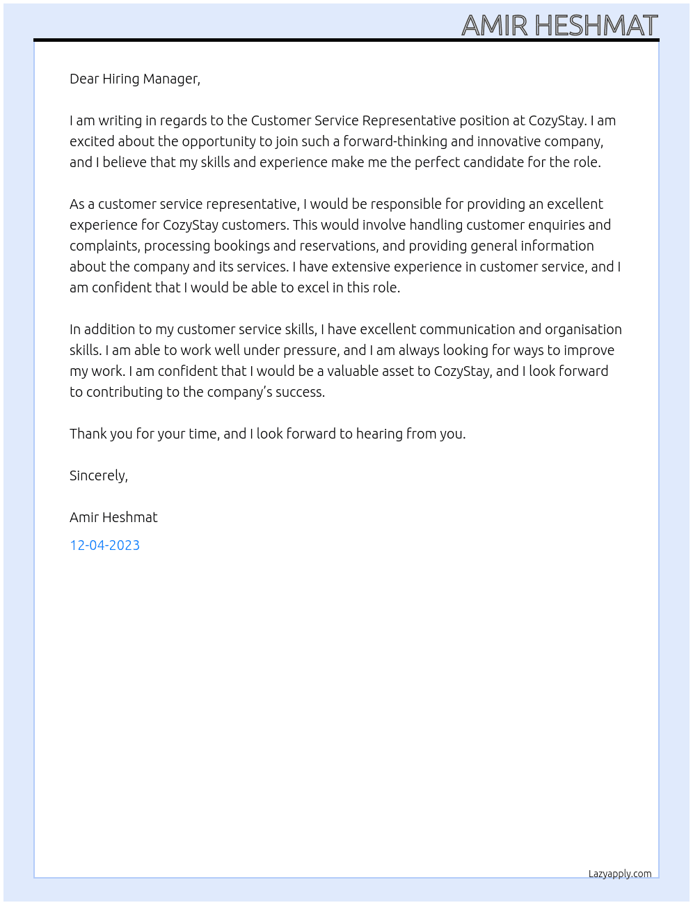 Customer Service Representative  At CozyStay - Vacation Home Rental Cover Letter