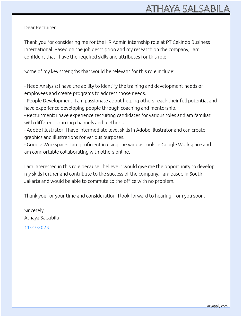 HR Admin At PT Cekindo Business International Cover Letter
