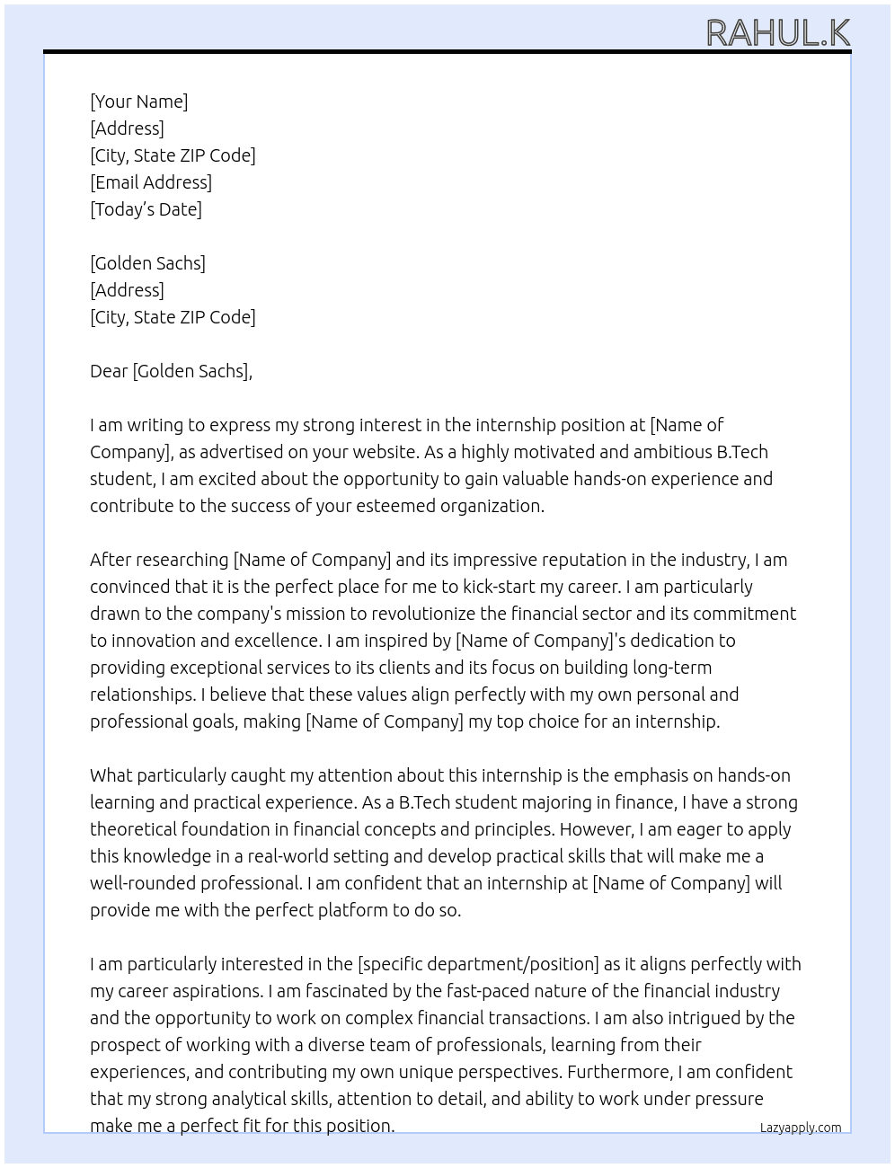 btech student At for internship  Cover Letter