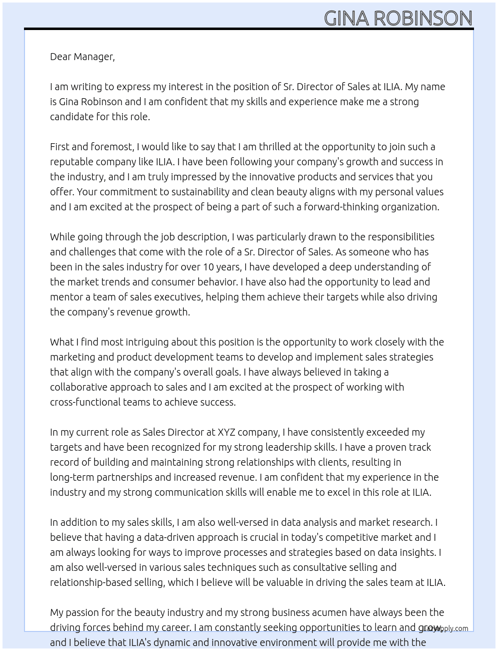 Sr. Director of sales At ilia Cover Letter