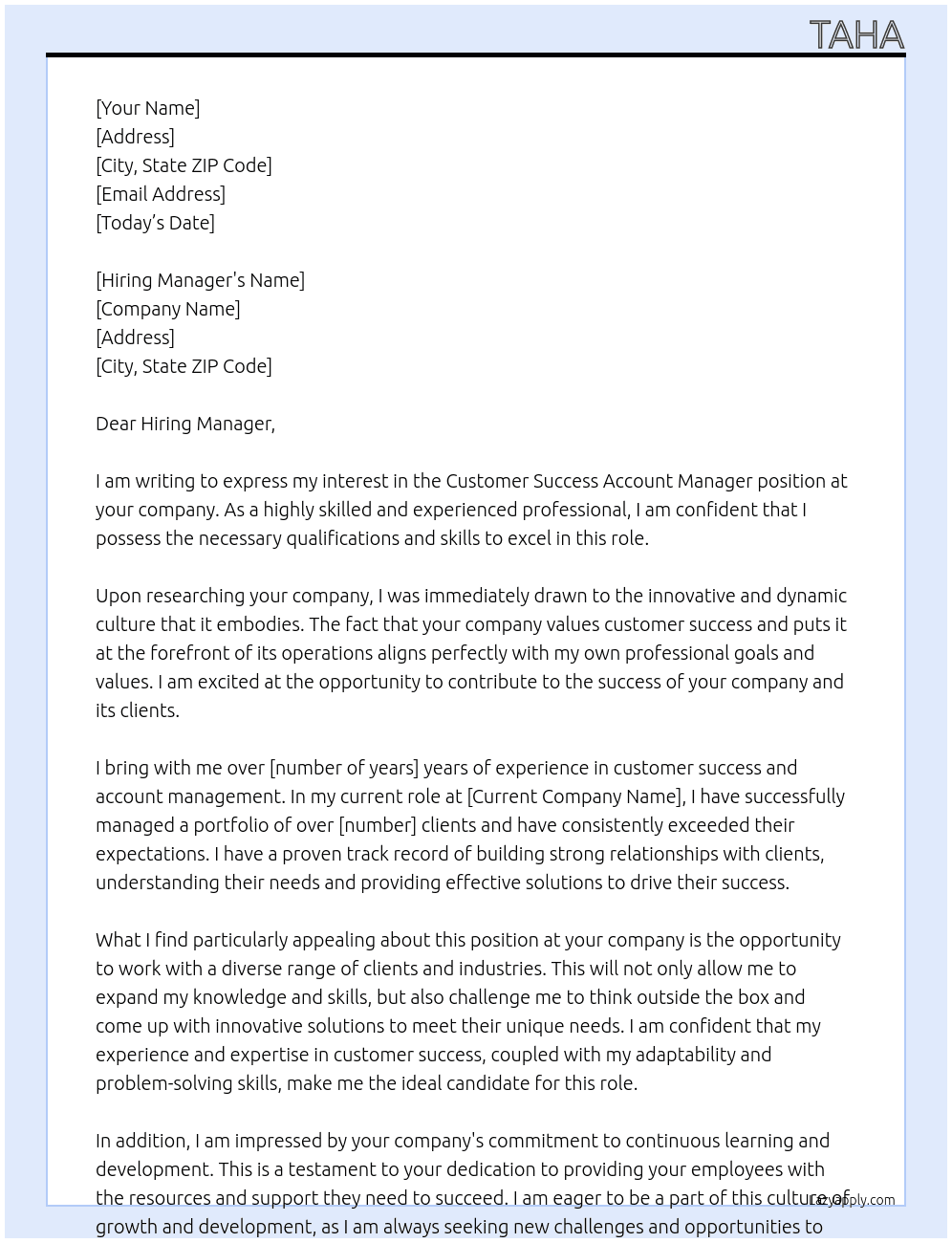 Cover letter for customer success account manager - LazyApply