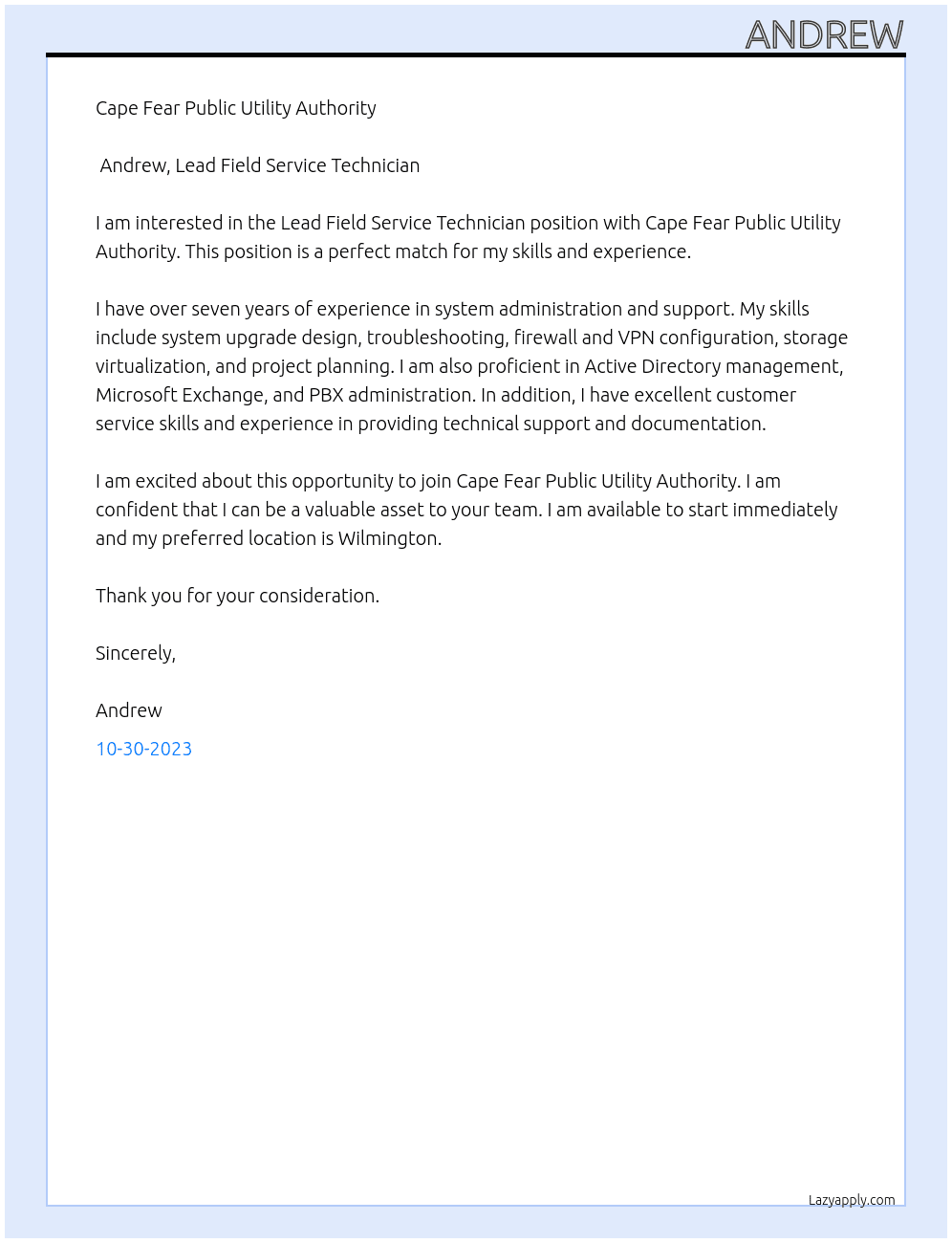Lead Field Service Technician At Cape Fear Public Utility Authority Cover Letter