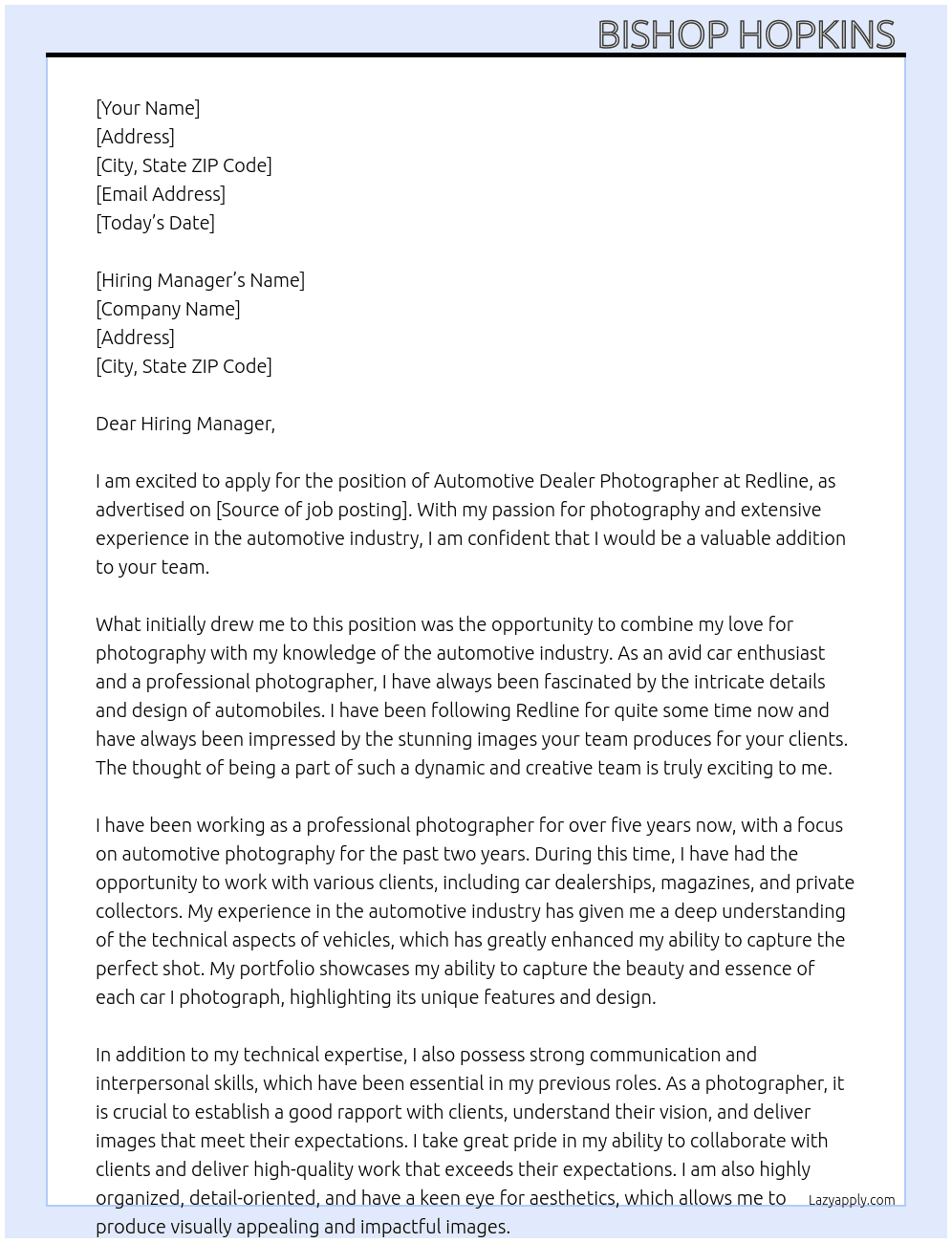 Automotive Dealer Photographer At Redline Cover Letter