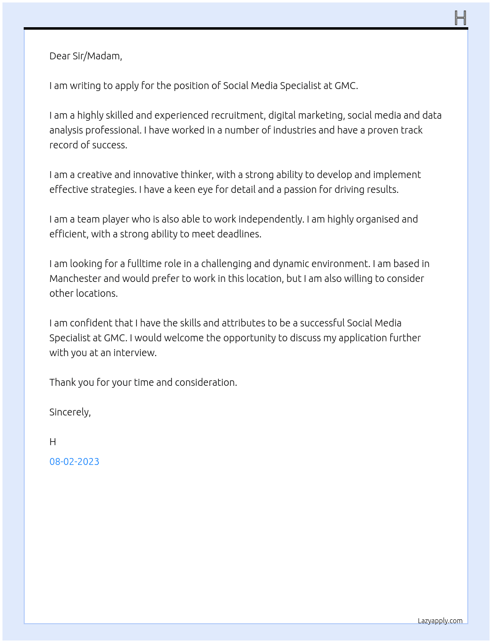 Social Media Specialist  At GMC Cover Letter