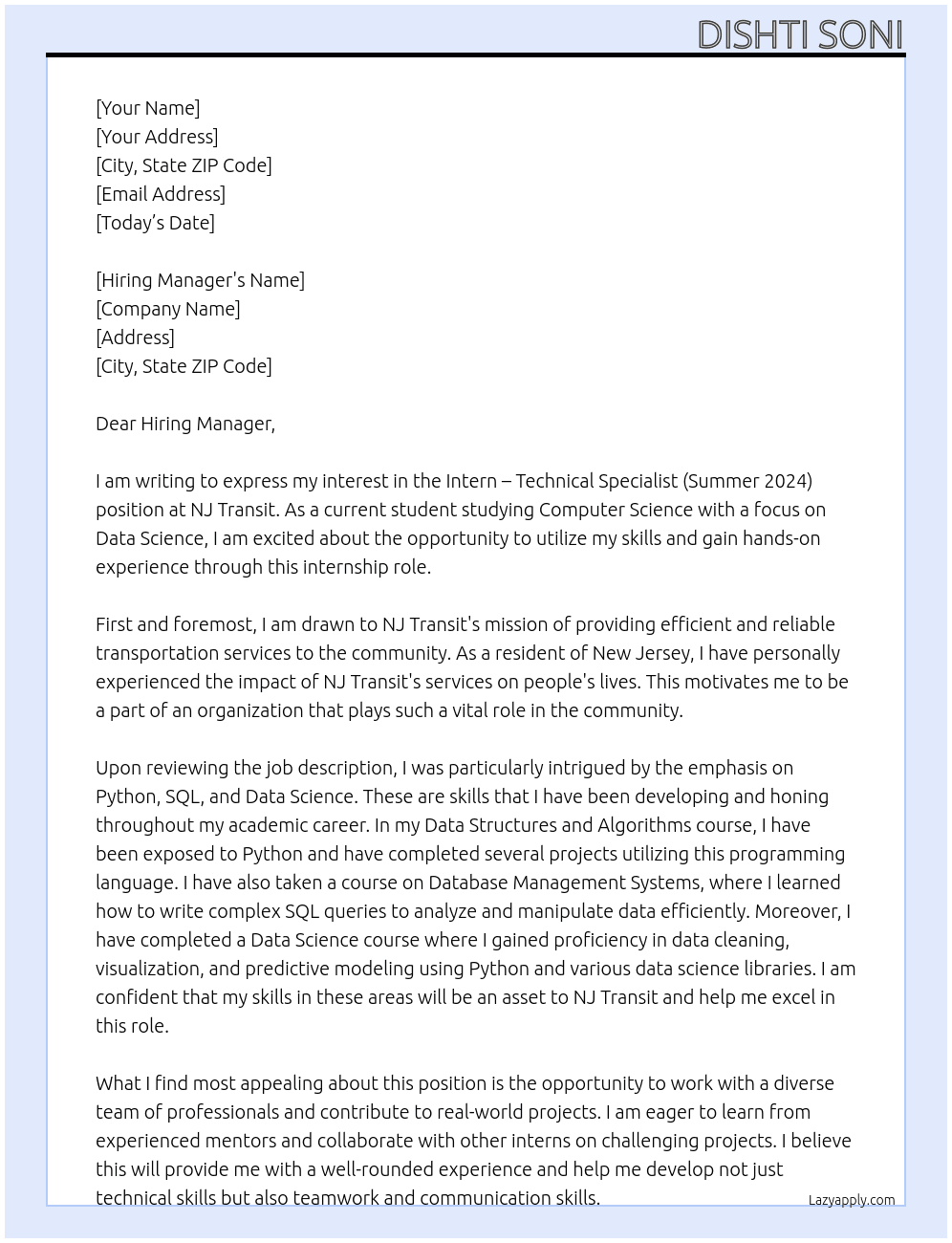 Intern – Technical Specialist (Summer 2024) At NJ Transit Cover Letter
