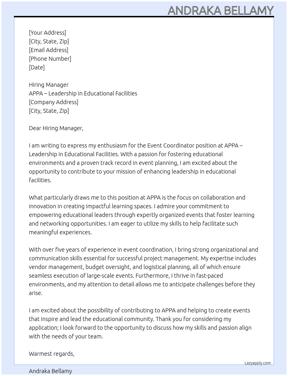 Event Coordinator At APPA – Leadership in Educational Facilities Cover Letter