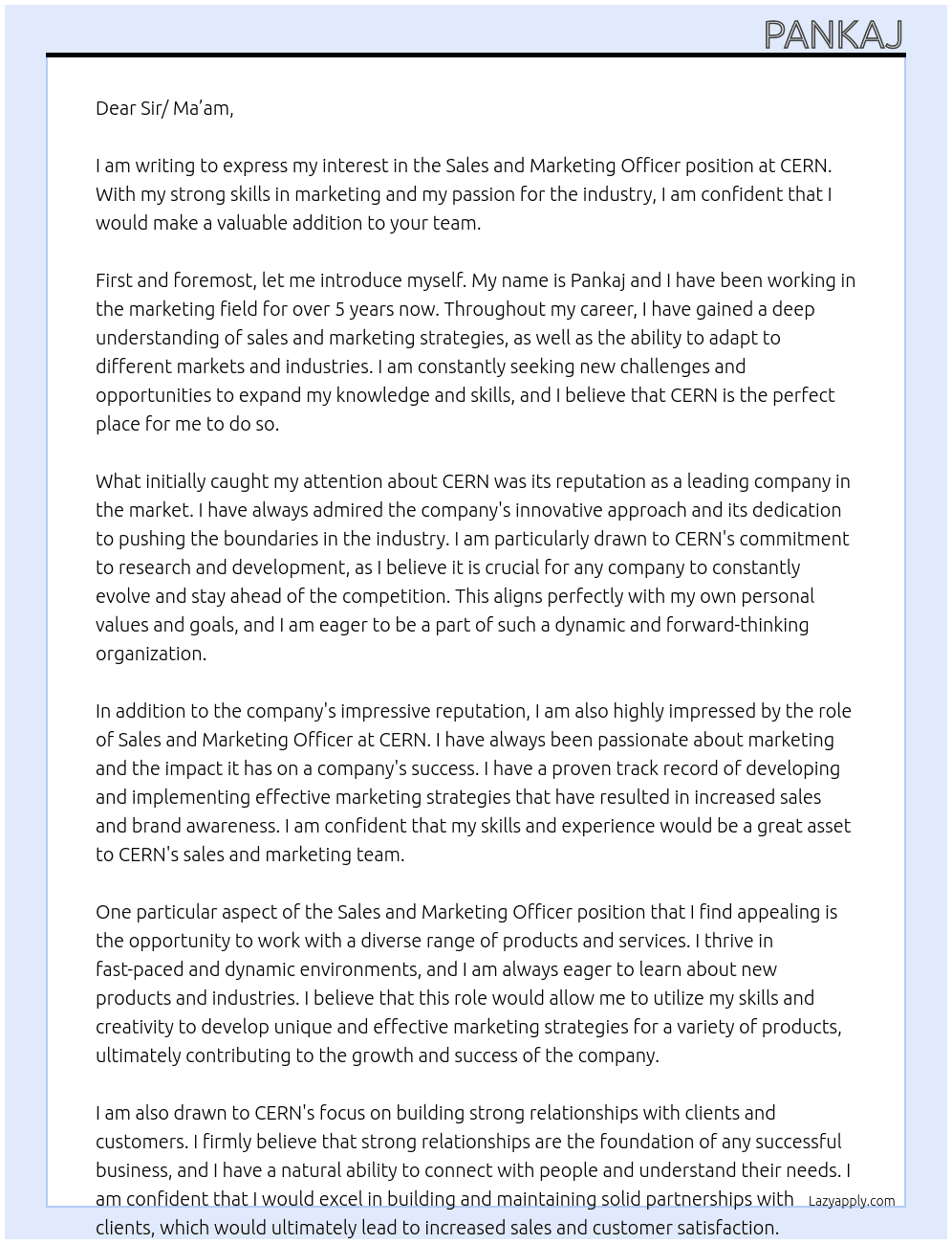 Sales and marketing officer At CERN Cover Letter