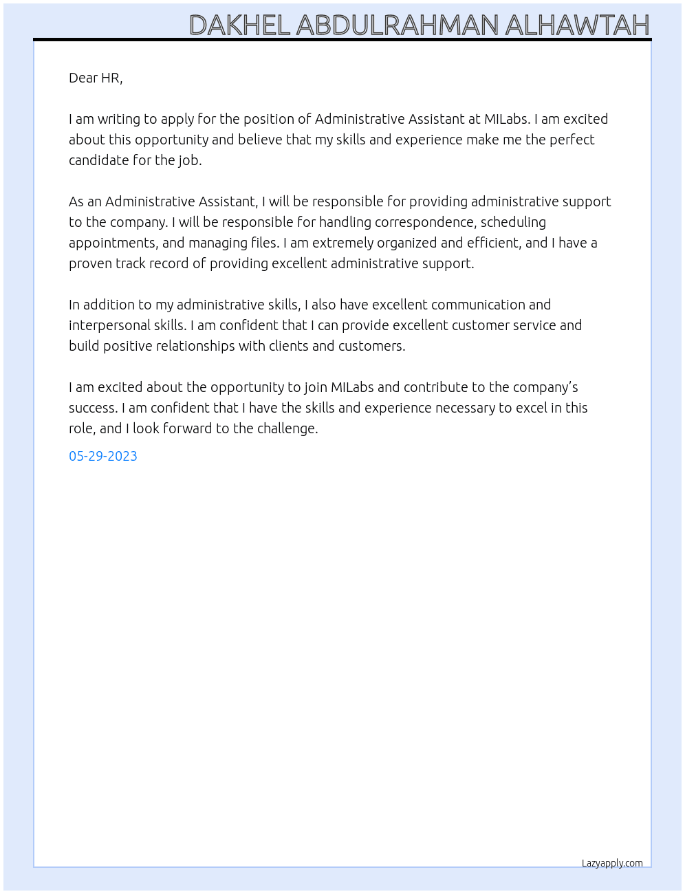 Administrative Assistant At MILabs Cover Letter