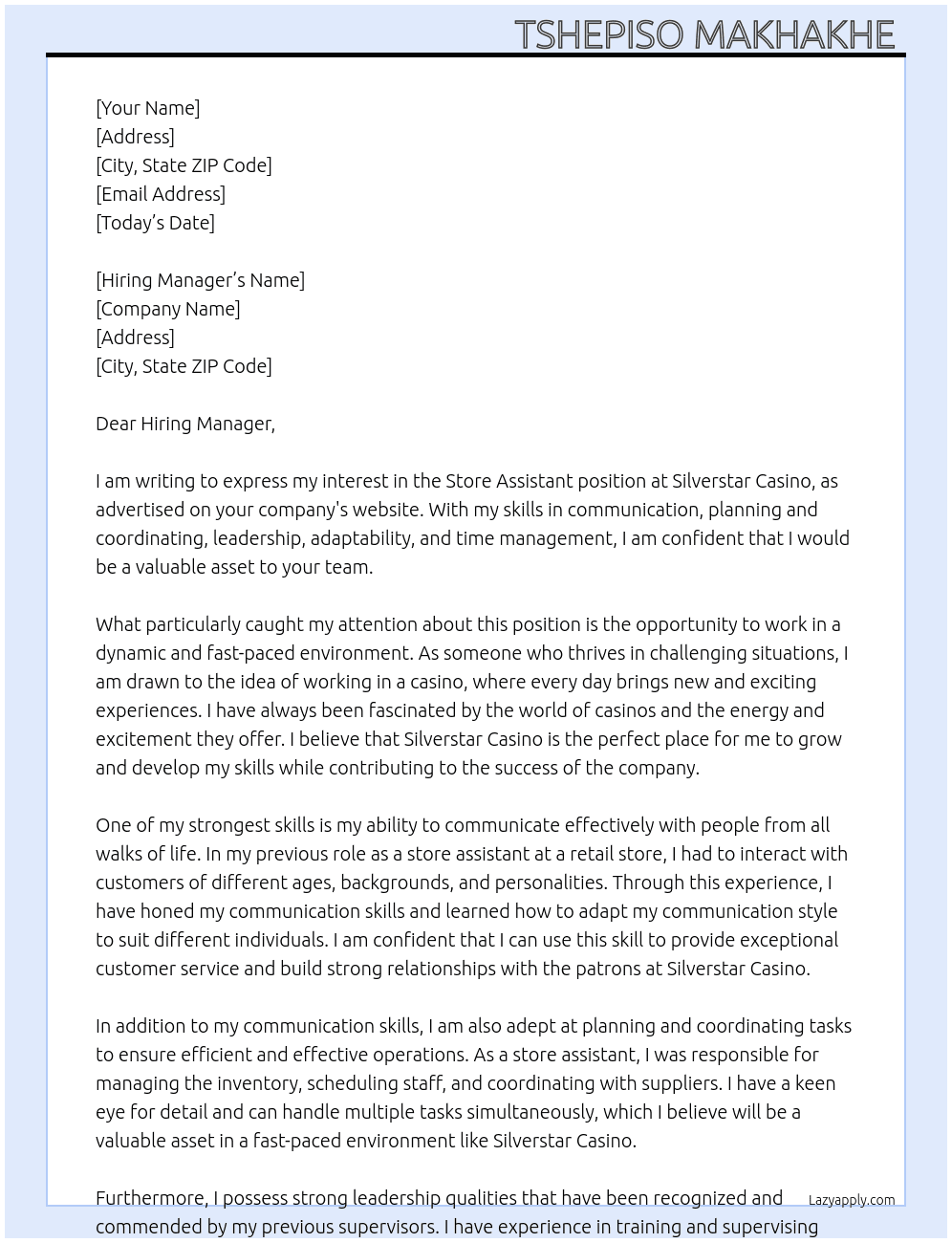 Store assistant  At Silverstar Casino  Cover Letter