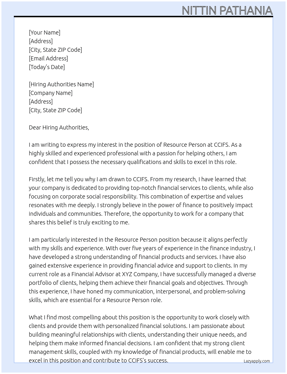 Resource Person  At CCIFS Cover Letter