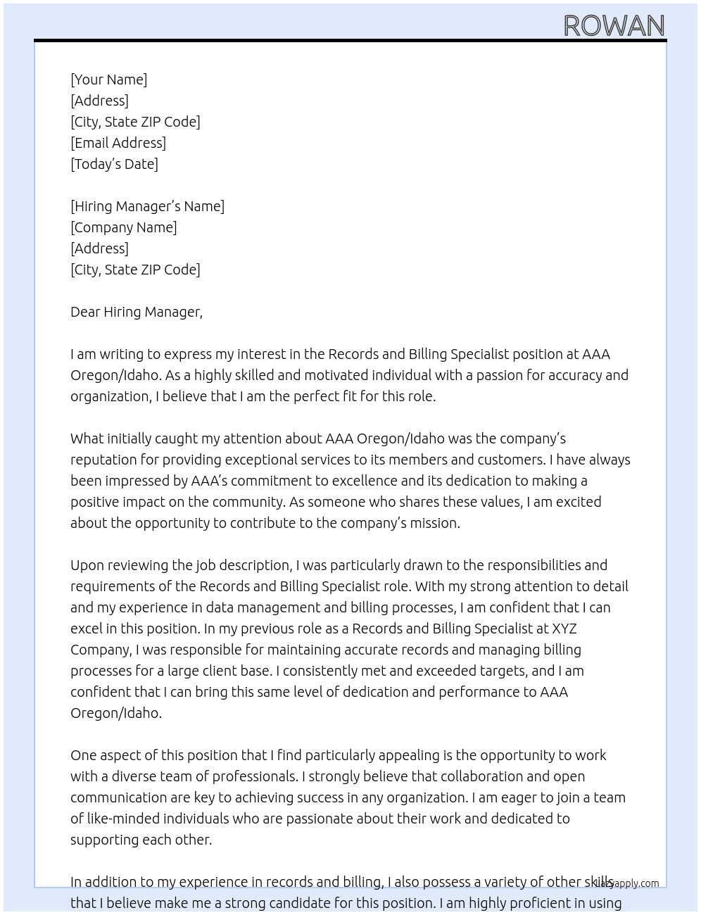  Records and Billing Specialist At AAA Oregon/Idaho Cover Letter