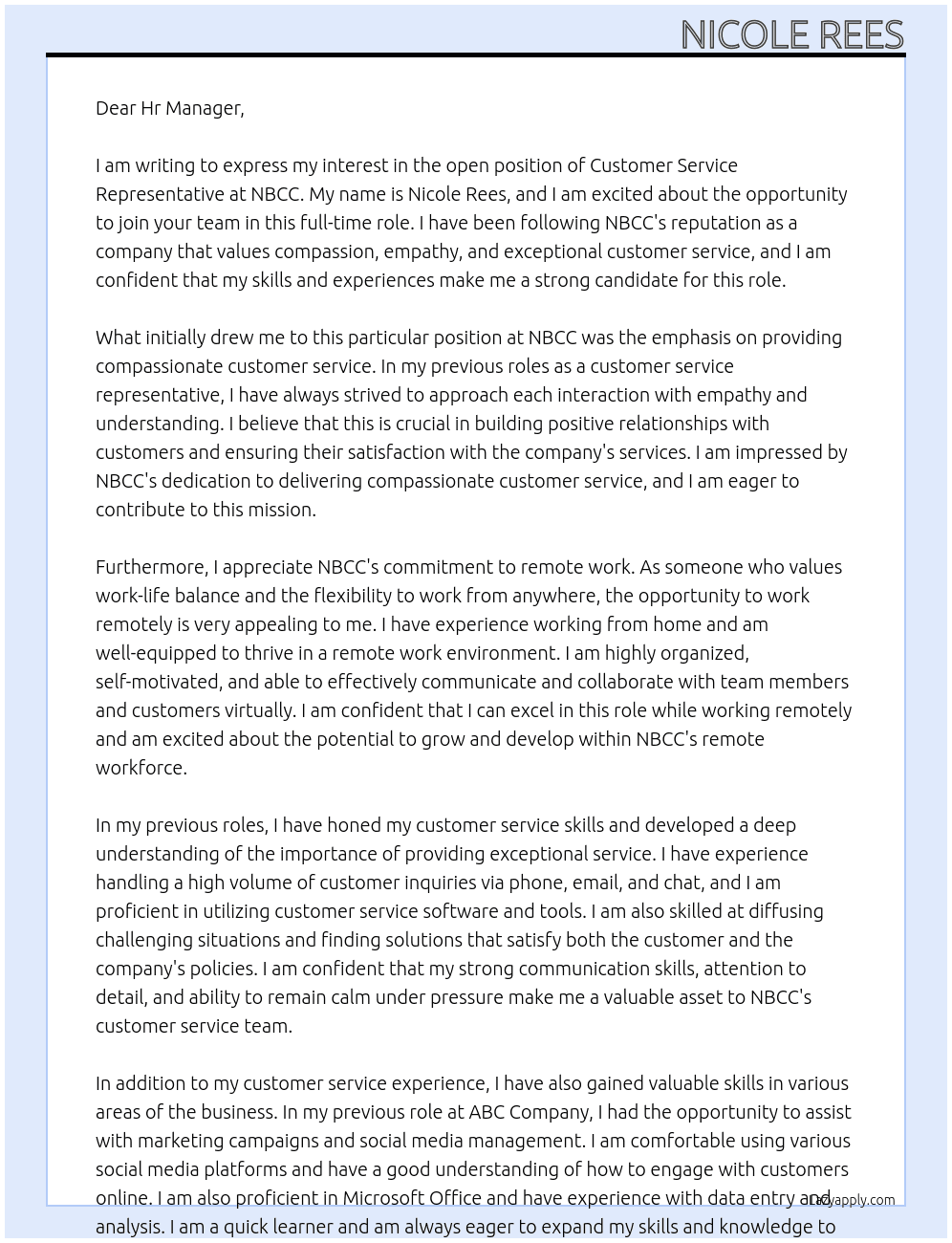 Customer Service Representative At NBCC Cover Letter