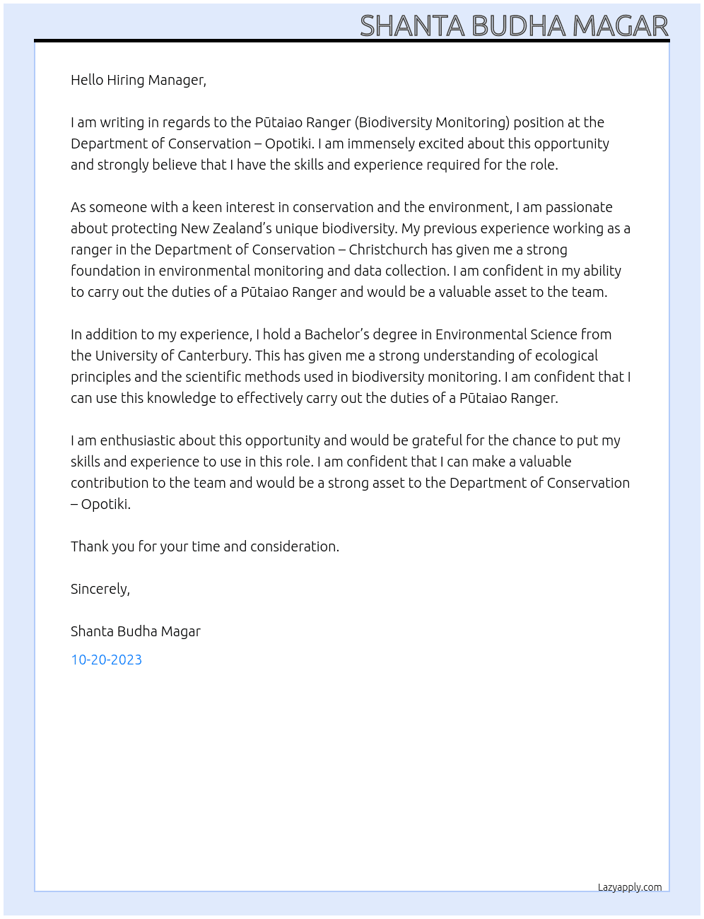 Pūtaiao Ranger (Biodiversity Monitoring)  At Department of Conservation – Opotiki Cover Letter