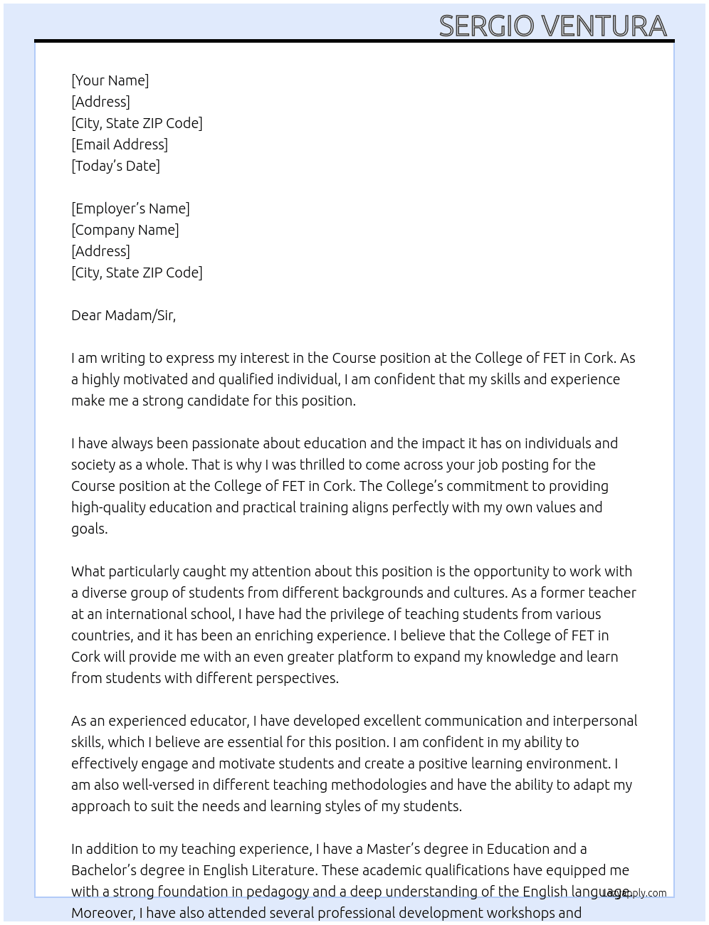 Course At College of FET in Cork Cover Letter