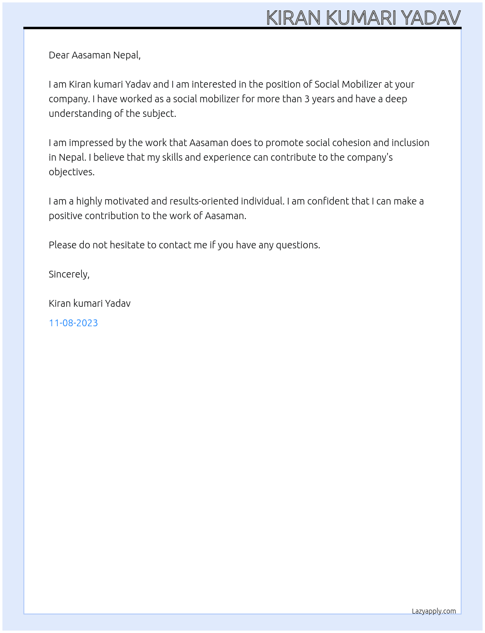 Social Mobilizer At Aasaman Cover Letter