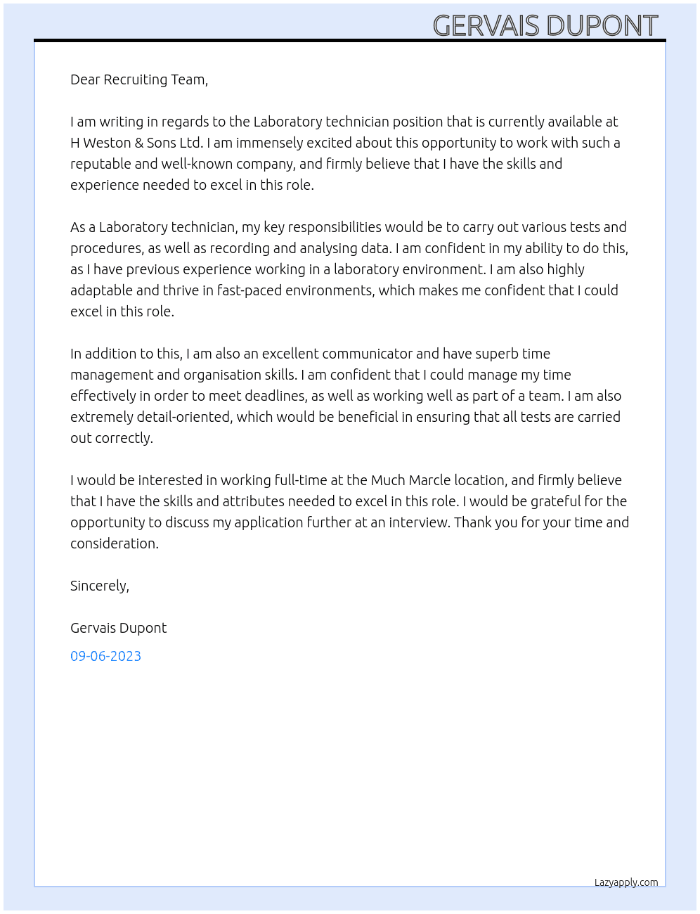 Laboratory technician  At H Weston & Sons Ltd Cover Letter