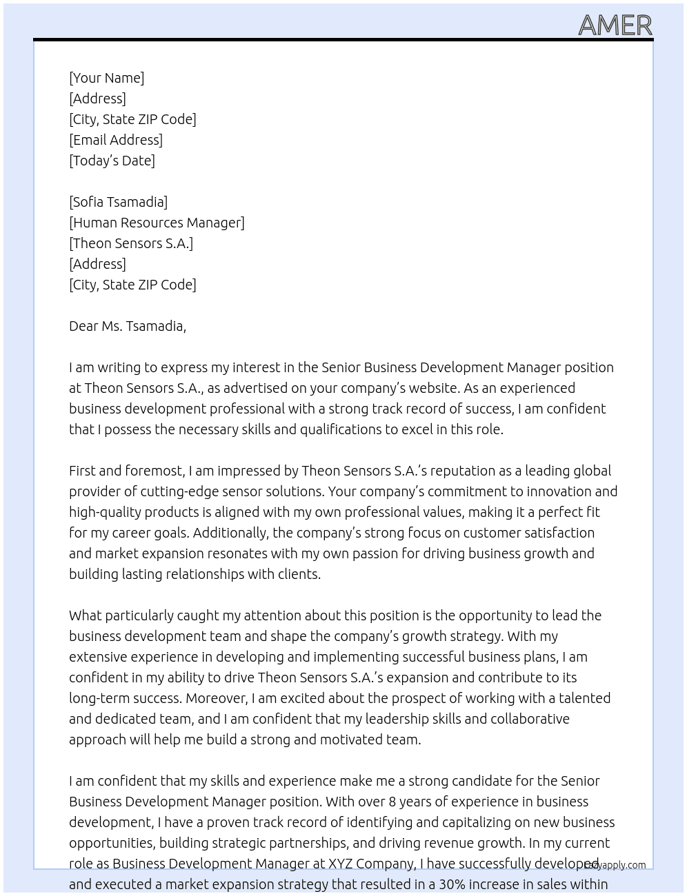 Senior Business Development Manager At Theon Sensors S.A. Cover Letter