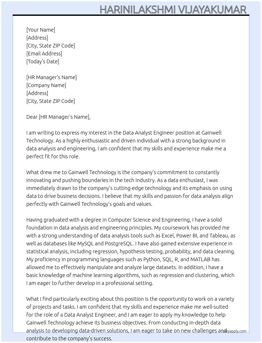 Data analyst engineer  At Gainwell technology  Cover Letter