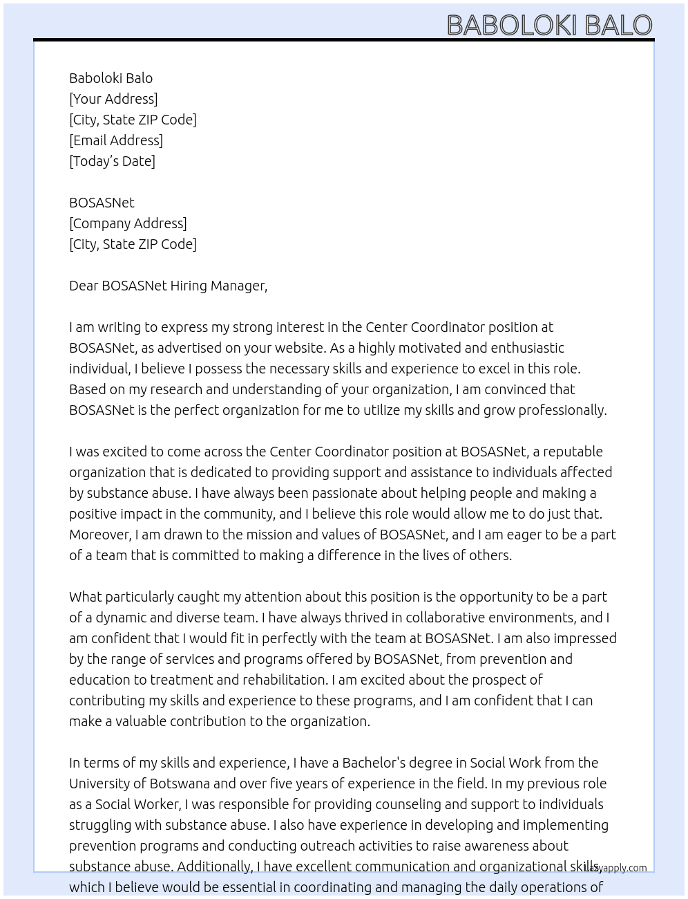 Center Coordinator At Baboloki Balo Cover Letter