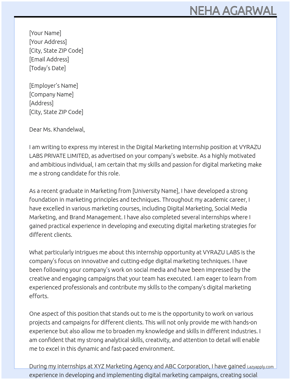 DIGITAL MARKETING INTERNSHIP At VYRAZU LABS PRIVATE LIMITED Cover Letter
