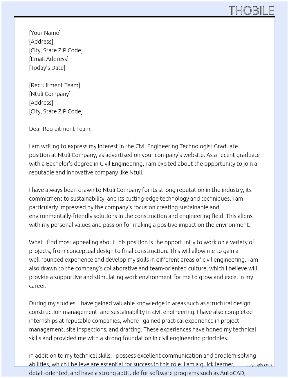Cvil Engineering Technologist Graduate At Ntuli Cover Letter