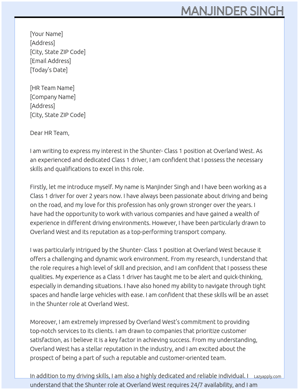 Shunter- Class 1 At Overland West Cover Letter