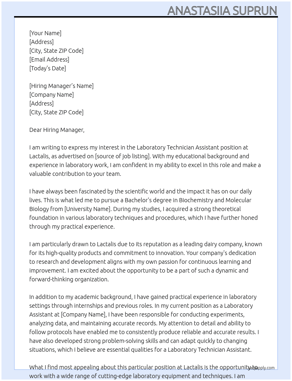 Laboratory Technician Assistant At Lactalis Cover Letter