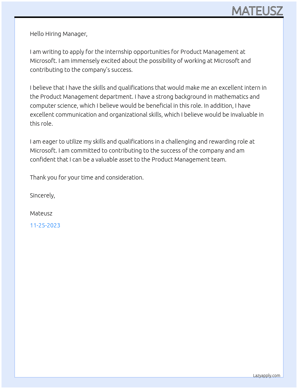 Cover letter for internship opportunities  for product management - LazyApply