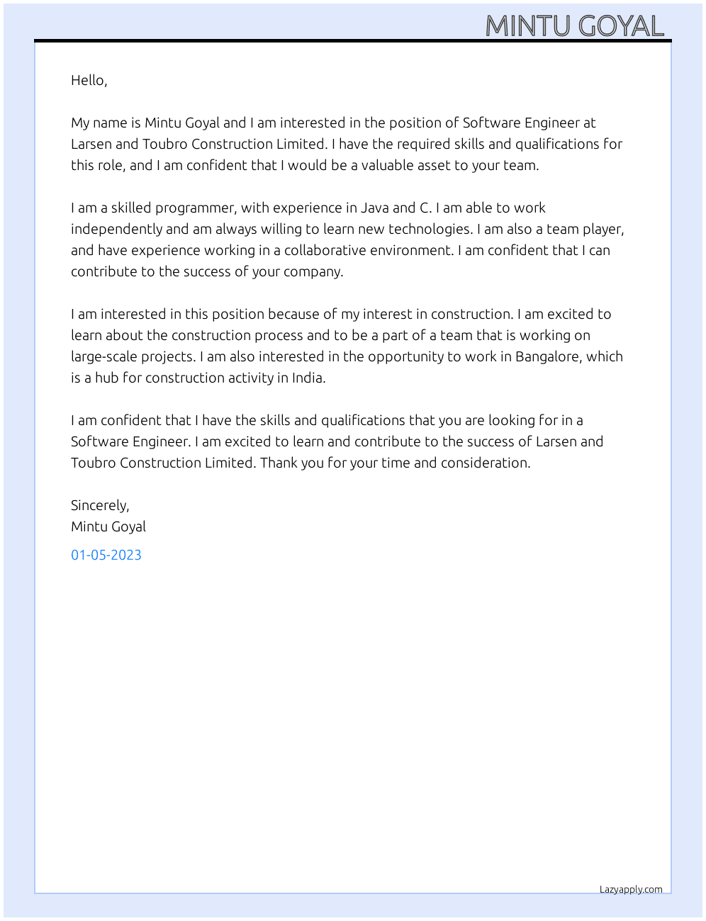 Software engineer  At Larsen and toubro construction limited  Cover Letter